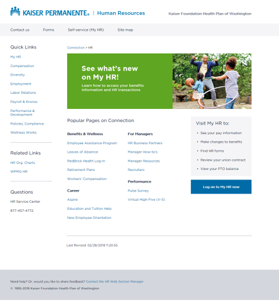 Kaiser Permanente MyHR Connection Landing Page